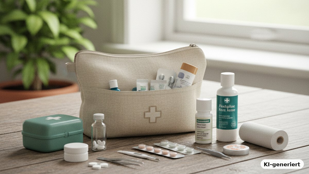KI-generiertes Bild: Essentials für die Reiseapotheke