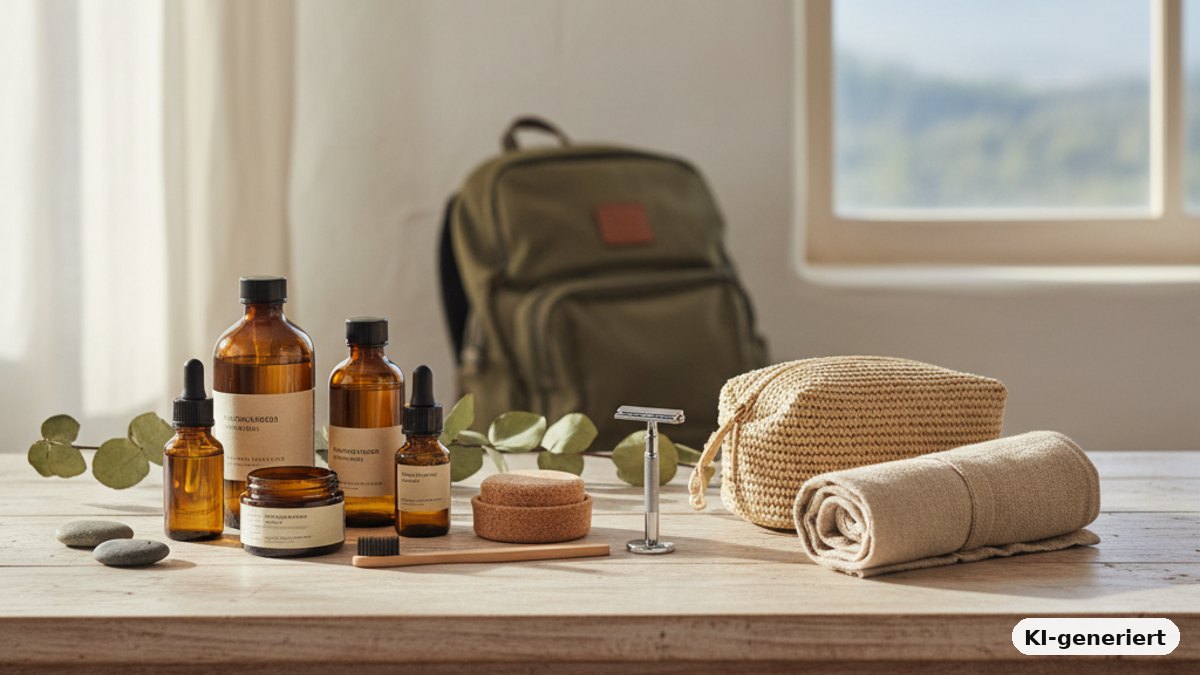 KI-generiertes Bild: Travel-Essentials für die tägliche Körperpflege