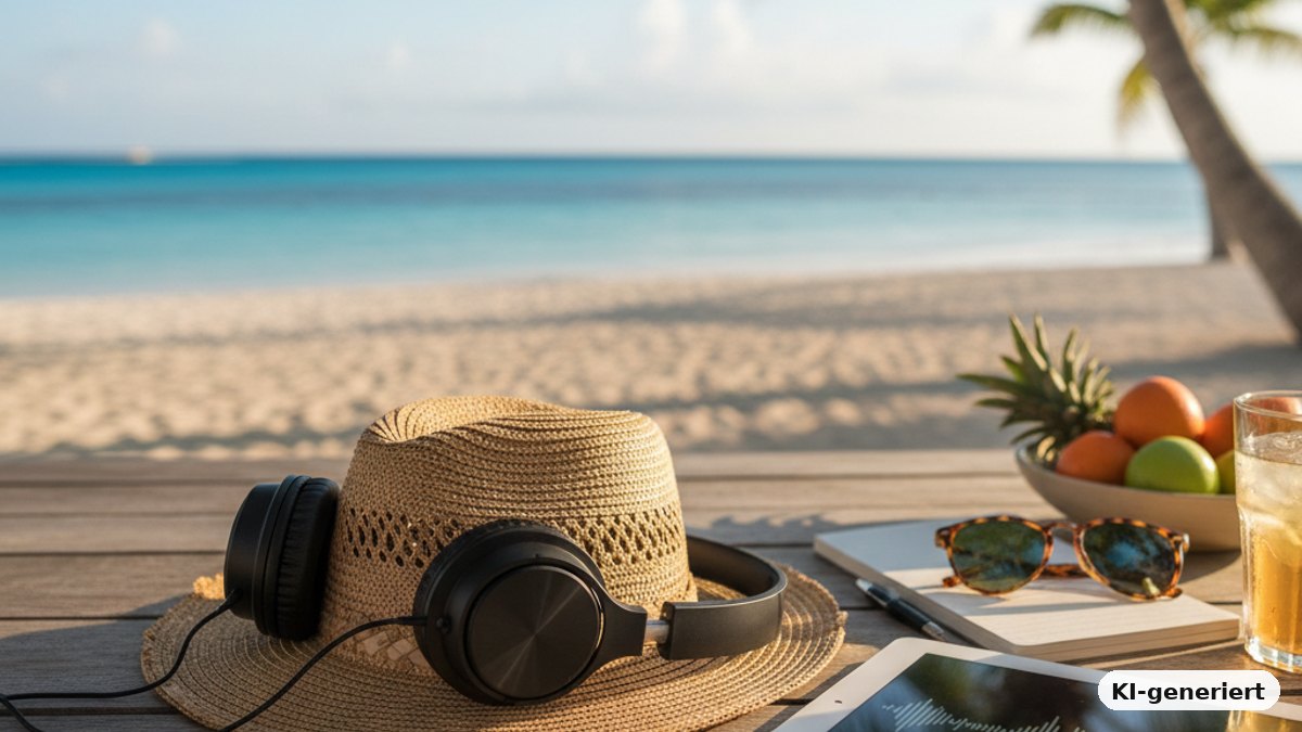 KI-generiertes Bild: Urlaubslektüre für die Ohren: Warum Hörbücher die idealen Reisebegleiter sind