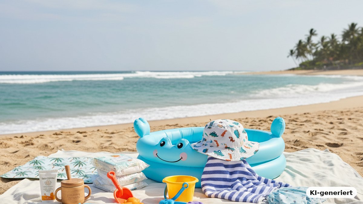 KI-generiertes Bild: Was braucht das Baby für den Strandurlaub?